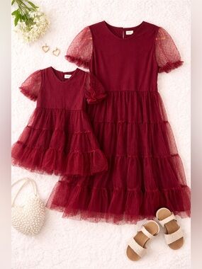 Mommy & Me Burgundy Tulle Dress Set Womens M & Girls 3T Swiss Dot Tiered Match